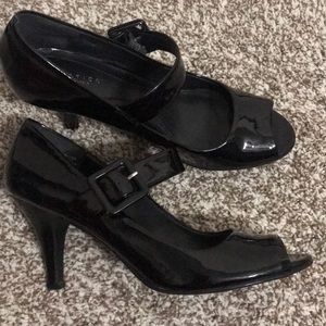 Black patent pleather heels